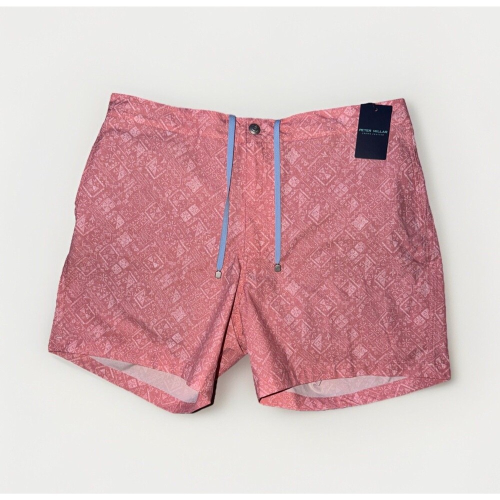 NWT Peter Millar Crown Crafted Shorts Men’s Large Pink Crepe Mosaic Swim Trunks